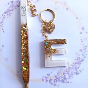 Gold Glitter Initial Keychain and Pen Set